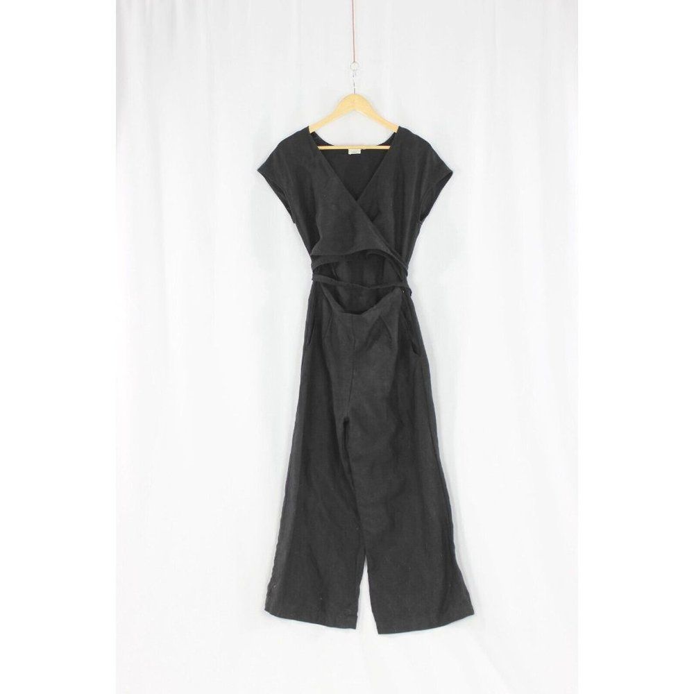 Aritzia WILFRED Brax Black Linen Lyocell Cut-Out Wrap Wide Leg Jumpsuit, Size 6 - Picture 7 of 13